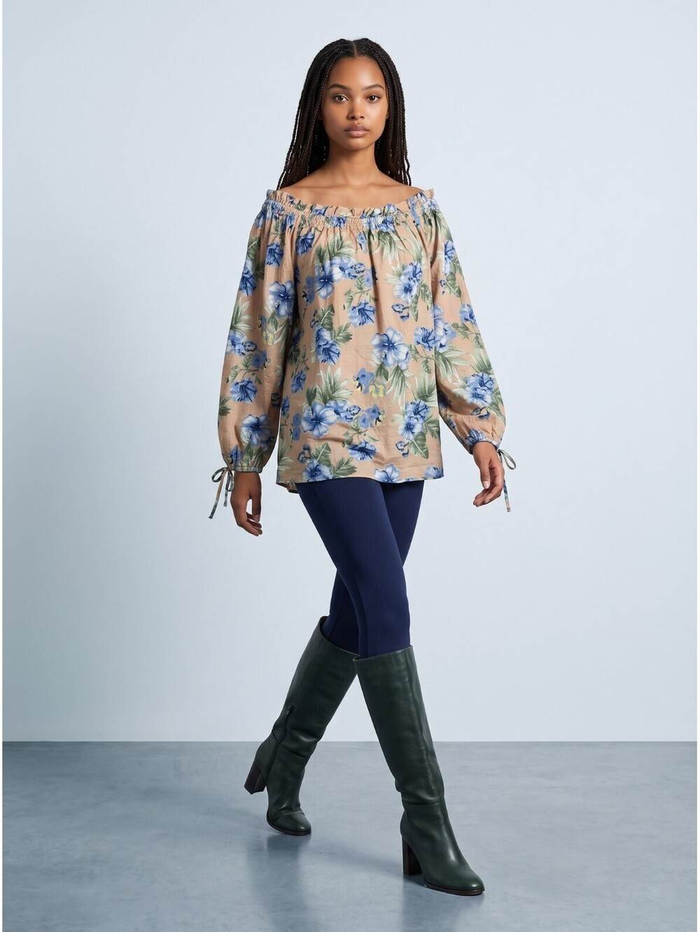 Easel NWOT Peasant Blouse (Off Shoulder Option)-Medium-Tan Blue Green Floral